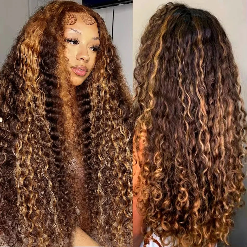 Locks & Lux 40” Honey Brown Highlight Deep Wave Wig – 13x6/13x4 HD Lace Front, 200% Density